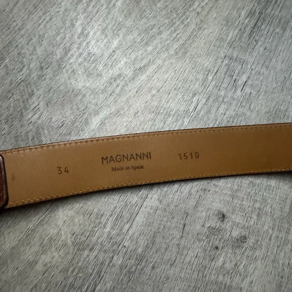 Magnanni Velaz Mens Calfskin Leather Belt Size 34 Tabaco Square Bar Style 1510